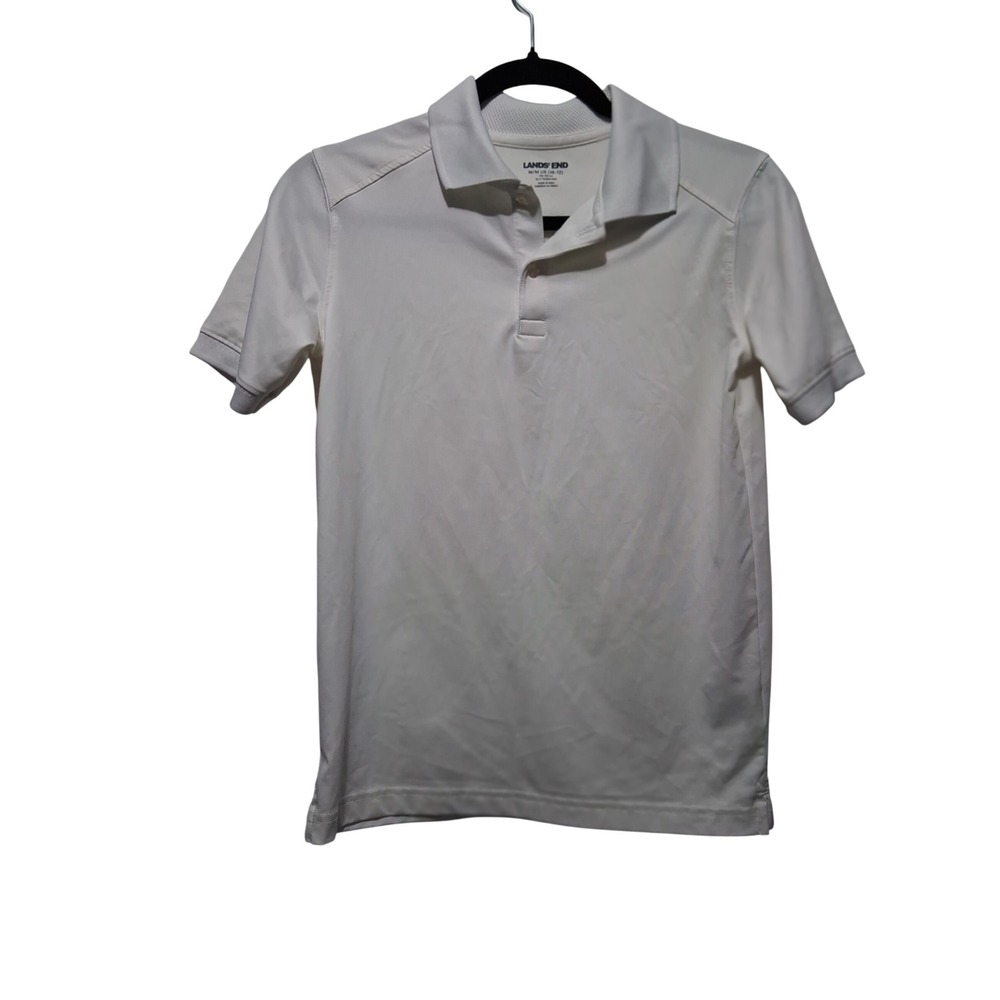 Lands End Girl's White Short Sleeve Polo Shirt Size M 10-12 Performance Stretch
